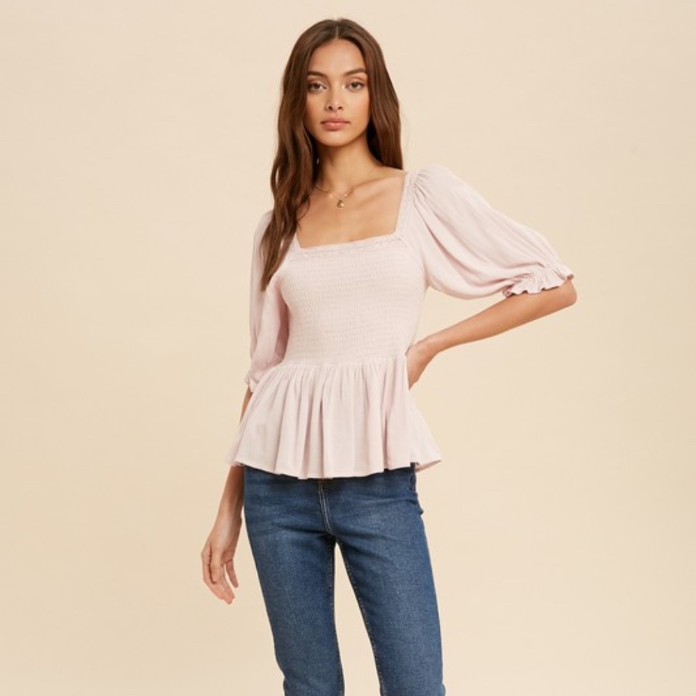 Light Pink Smocked Top with Square Neckline Ruffled Sleeves Babydoll Silhouette
